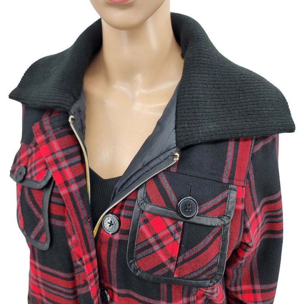 Southpole Red & Black Plaid Cropped Jacket With Ribbed, Women's Large